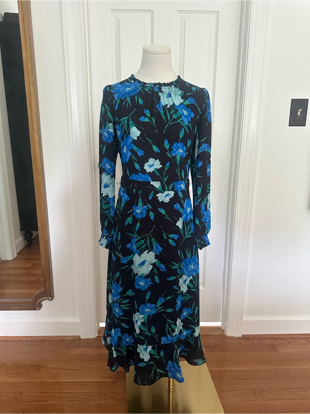 NWT J. Crew Black Floral Long Sleeve Midi Dress with Blue Flowers | Size 2